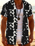 Summer Men'S Short Sleeve Shirt, Fashion Loose Casual Short Sleeve Top, Versatile Top for Beach Vacation, Men'S Youth Black And White Geometric Pattern Printed Shirt - No Texture