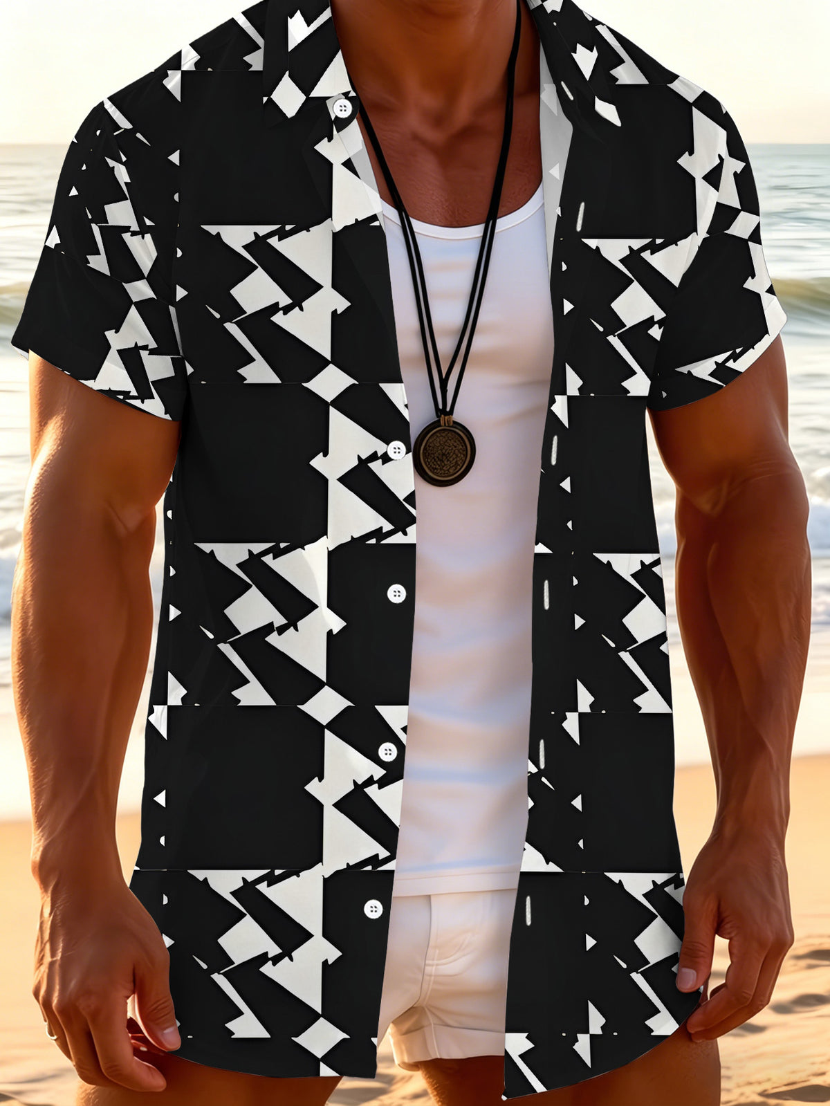 Summer Men'S Short Sleeve Shirt, Fashion Loose Casual Short Sleeve Top, Versatile Top for Beach Vacation, Men'S Youth Black And White Geometric Pattern Printed Shirt - No Texture