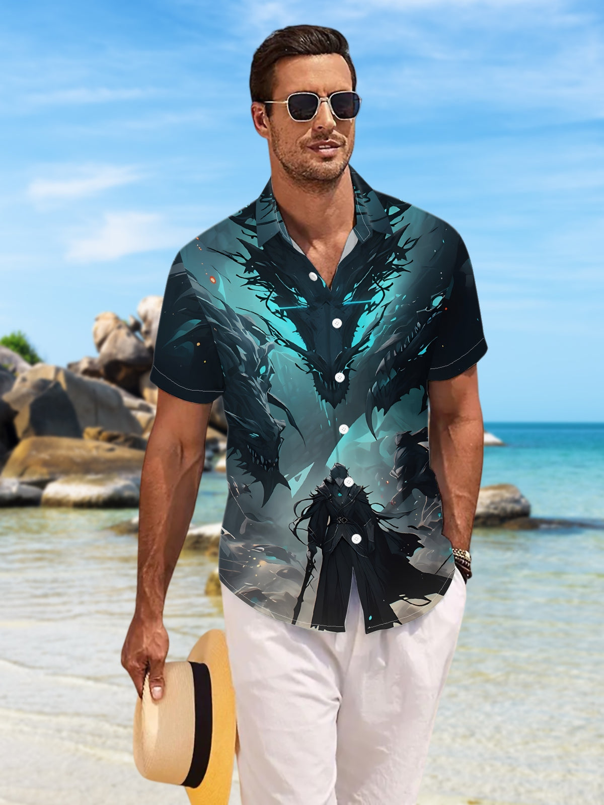 New Men'S Casual Short-Sleeve Shirt Featuring a Black Robe-Wielding Figure Facing a Three-Headed Underworld Dragon, Perfect for Holiday Gatherings And Commuting. Made from Machine-Washable Polyester Fabric with a Button Print Design