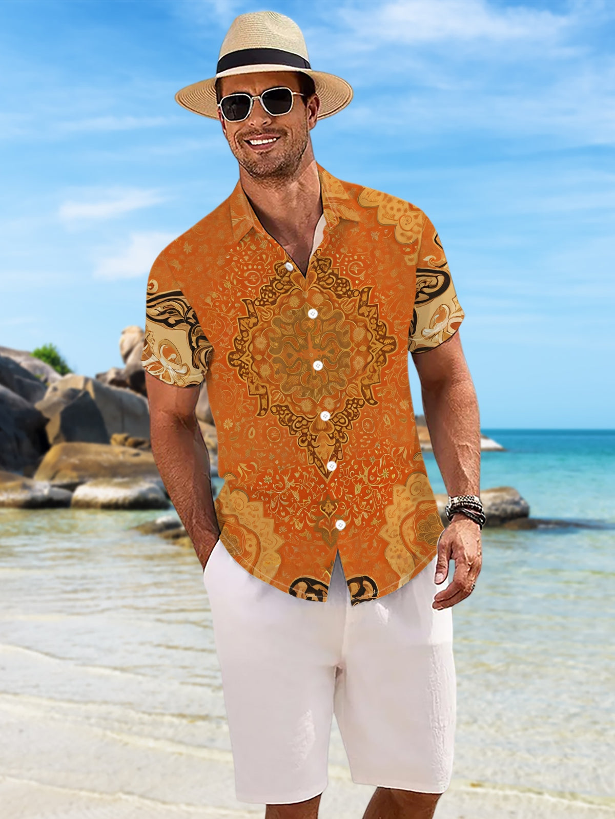 New Men's Casual Short-Sleeve Shirt, Orange Base with Golden-Brown Intertwined Vine Pattern, Symmetrical, Intricate, and Elegant, Versatile for Holiday Parties and Commuting, Polyester Fiber Fabric, Machine Washable, Button-Up Printed Shirt