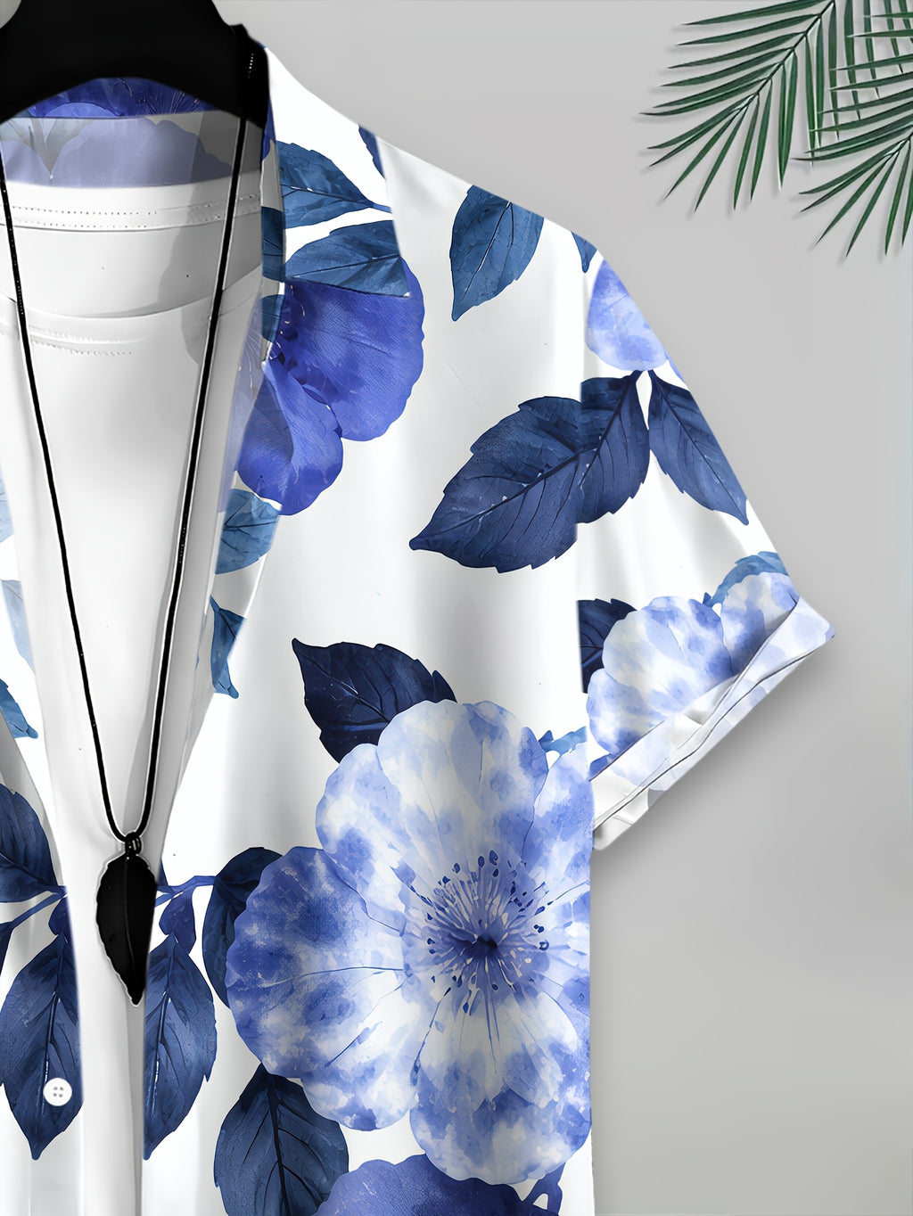 Floral Pattern Men'S Casual Shirt, Printed Blue Flowers And Leaves Summer Vibrant Design