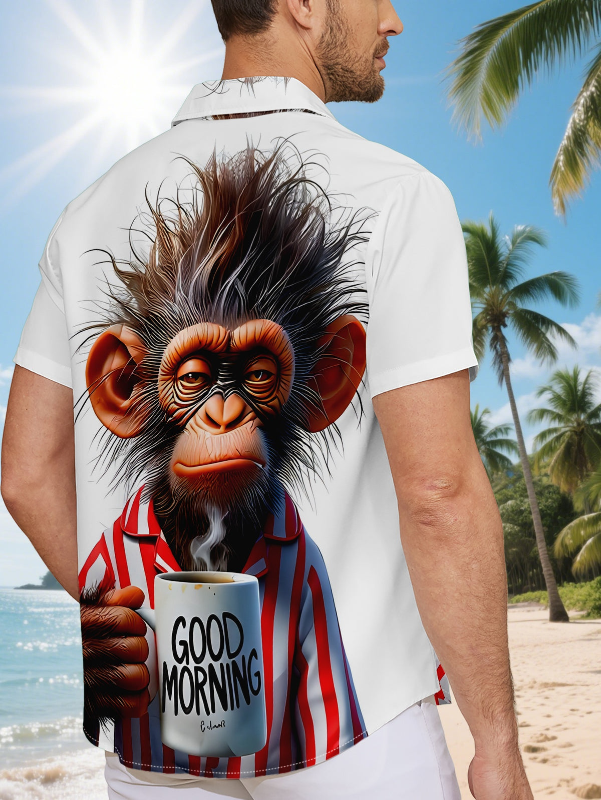 New Men's Short-Sleeve Shirt, Regular Fit for Daily Casual Wear, Fun Cartoon Monkey Print Design, Fashionable Loose Fit, Versatile Summer Top, Youth Trend, Suitable for Commuting, Home, and Outdoor Wear, Ideal for Beachwear, Vacations, and Casual