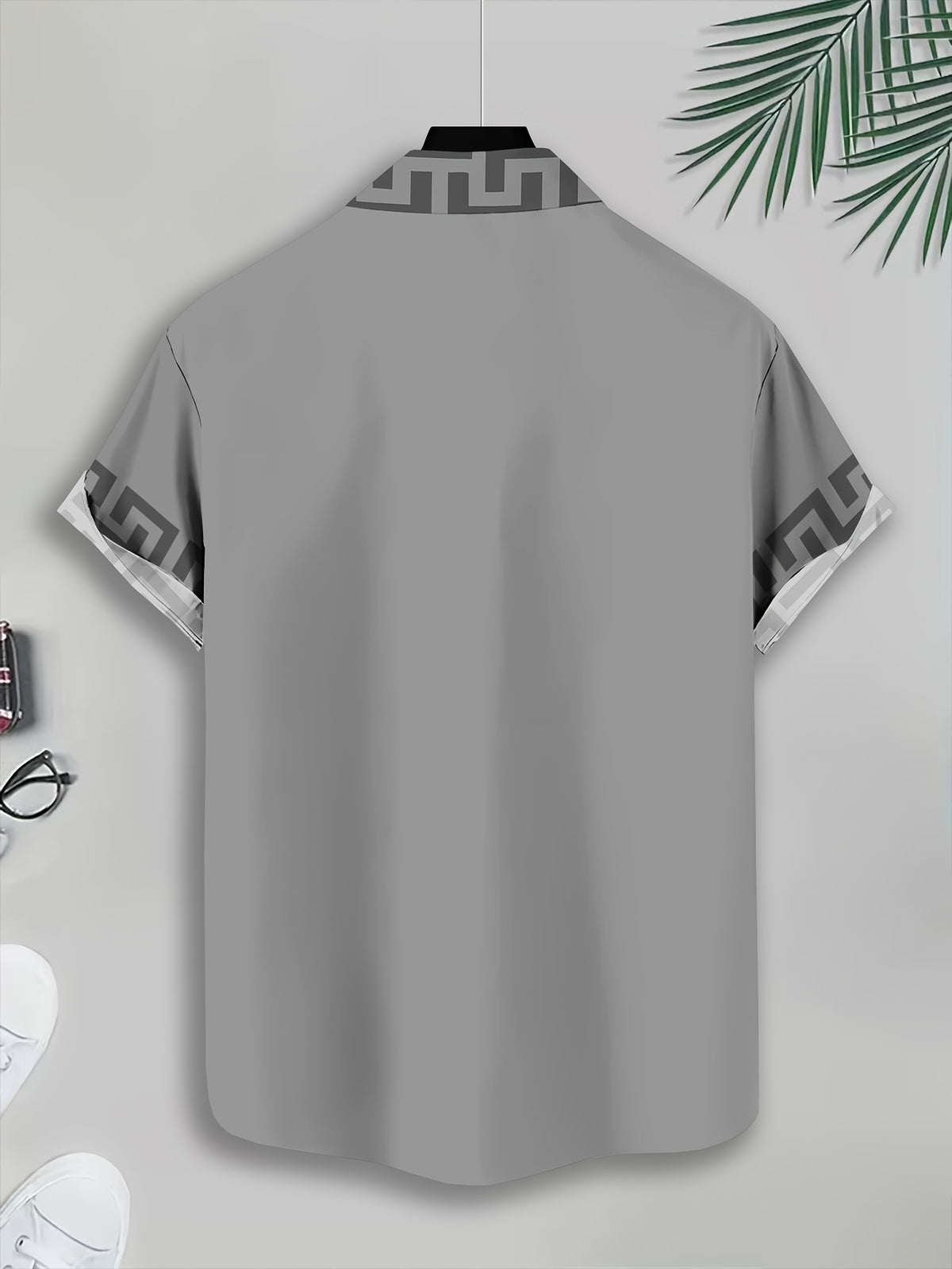 Simple and Stylish Men's Casual Shirt with Printed Gray Cross Text Pattern, Summer Trendy Design Short-sleeve Shirt