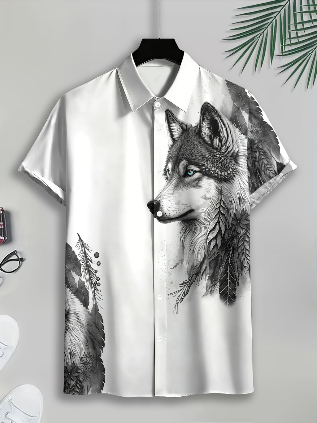 Casual Style Men'S Casual Shirt, Printed White Wolf And Feather Pattern Summer Detailed Animal Design