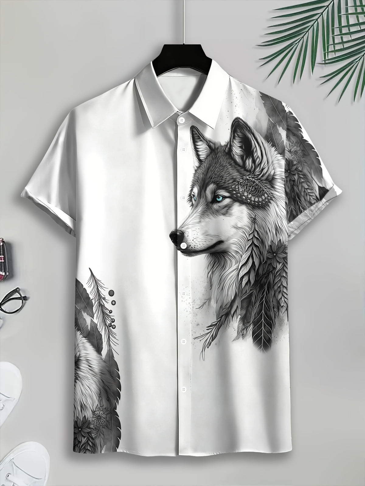 Casual Style Men'S Casual Shirt, Printed White Wolf And Feather Pattern Summer Detailed Animal Design