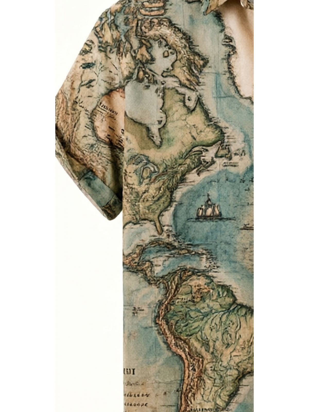 Men's Vintage World Map Travel Style Shirt, Military Green Base + Vintage World Map, Strong Travel Vibe, Simple Texture, Suitable for Travel Enthusiasts and Summer Daily Wear - [Printed Design - Not Texture]