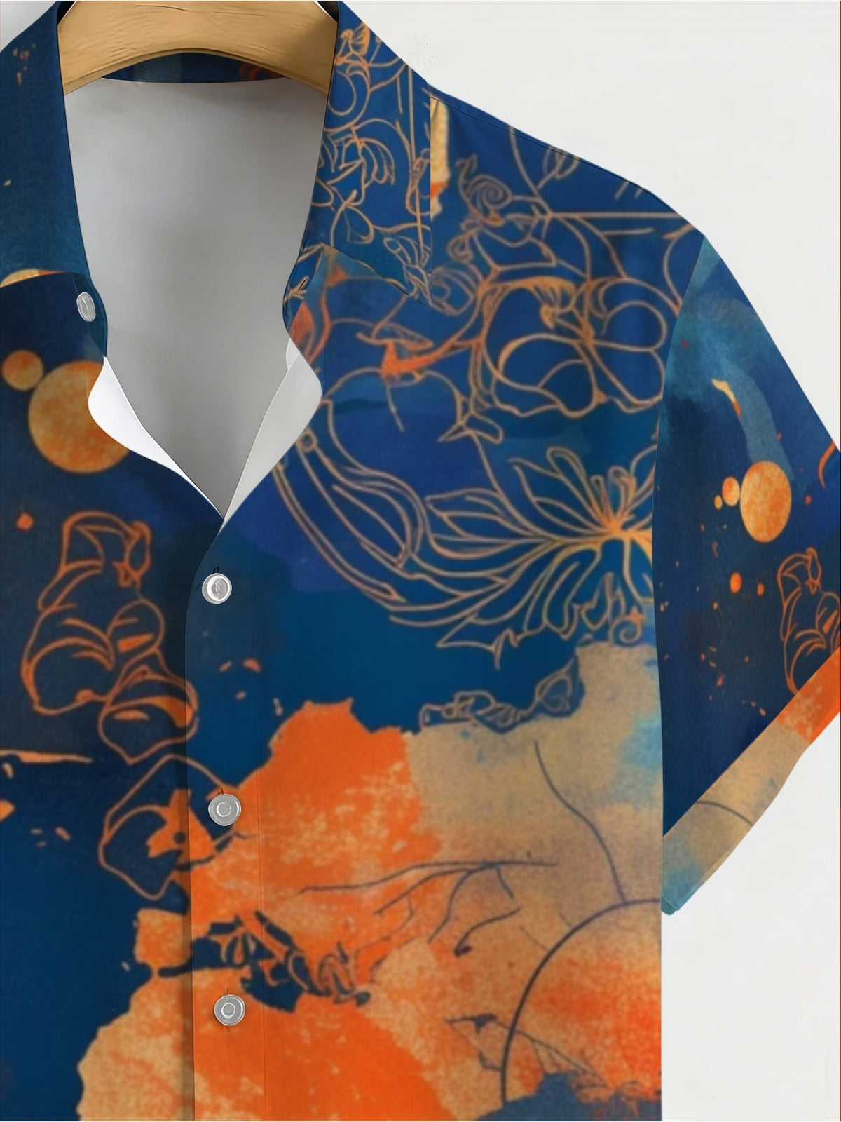 Men'S Casual Retro Travel Map Lotus Print Collared Shirt, Navy Blue Oriental Floral Summer Beach Short-Sleeve Top, Youth Daily Commute Shirt, Suitable As a Birthday Gift for Teenagers And Men Who Love Cruises, Seaside Trips, And Vacations