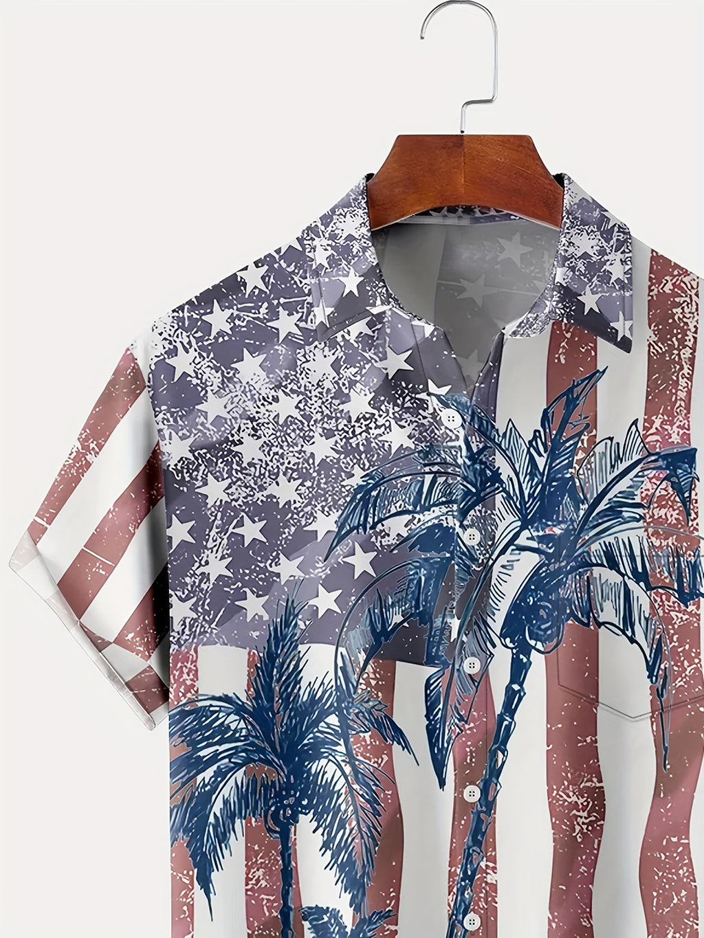 Men'S Plus Size Hawaiian Coconut Tree Print Shirt with Flag Design | Button Closure, Lapel Collar, Slight Stretch Fabric, Summer Vacation Style