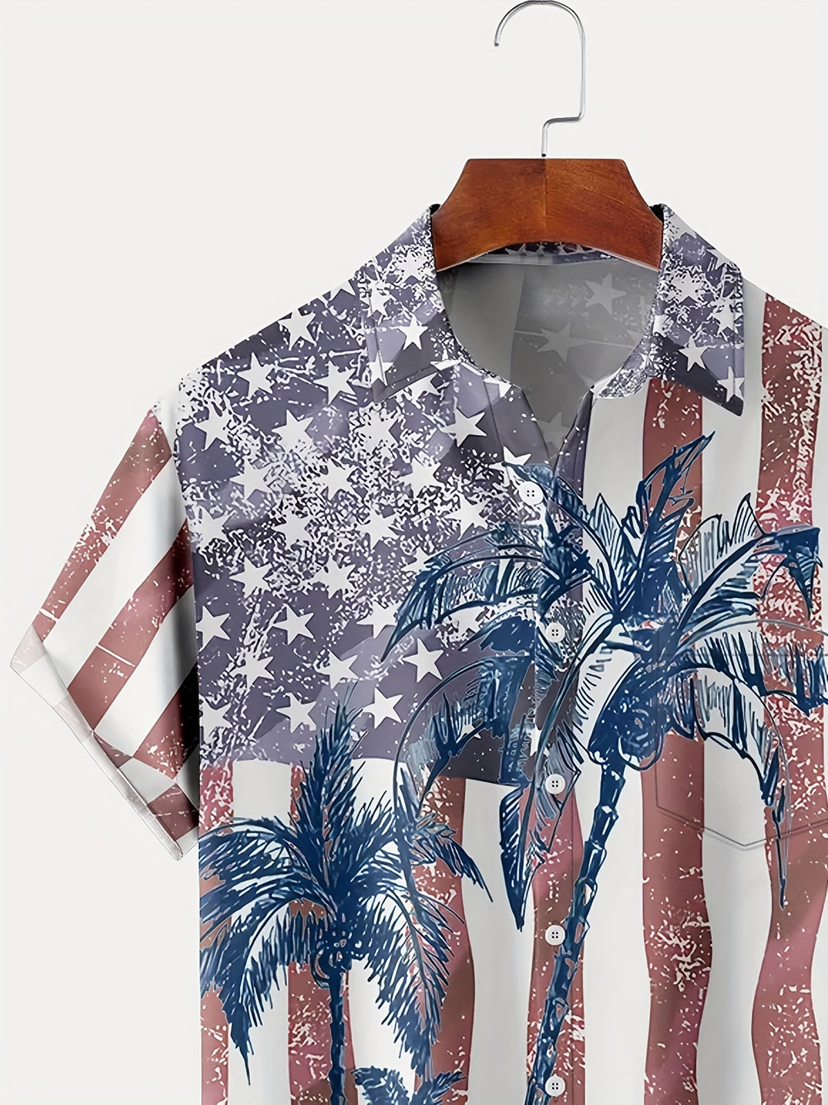 Men'S Plus Size Hawaiian Coconut Tree Print Shirt with Flag Design | Button Closure, Lapel Collar, Slight Stretch Fabric, Summer Vacation Style