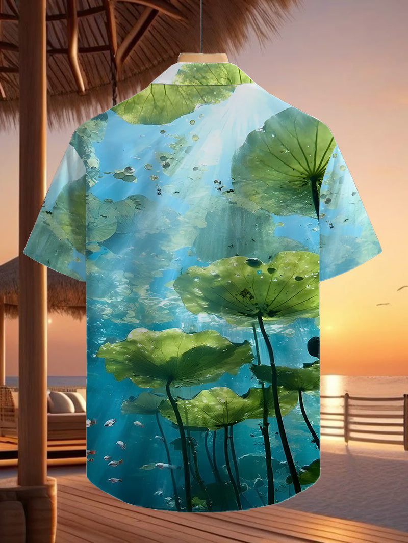 Men's Hawaiian Shirt with Short Sleeves & Button Front - Tropical Leaf & Hawaiian Pond Print Button- Collar Shirt, Loose Fit Button-Up for Summer Poolside, Vacation, Beachwear - Machine Washable Hawaiian Luau Attire (No Elastic)