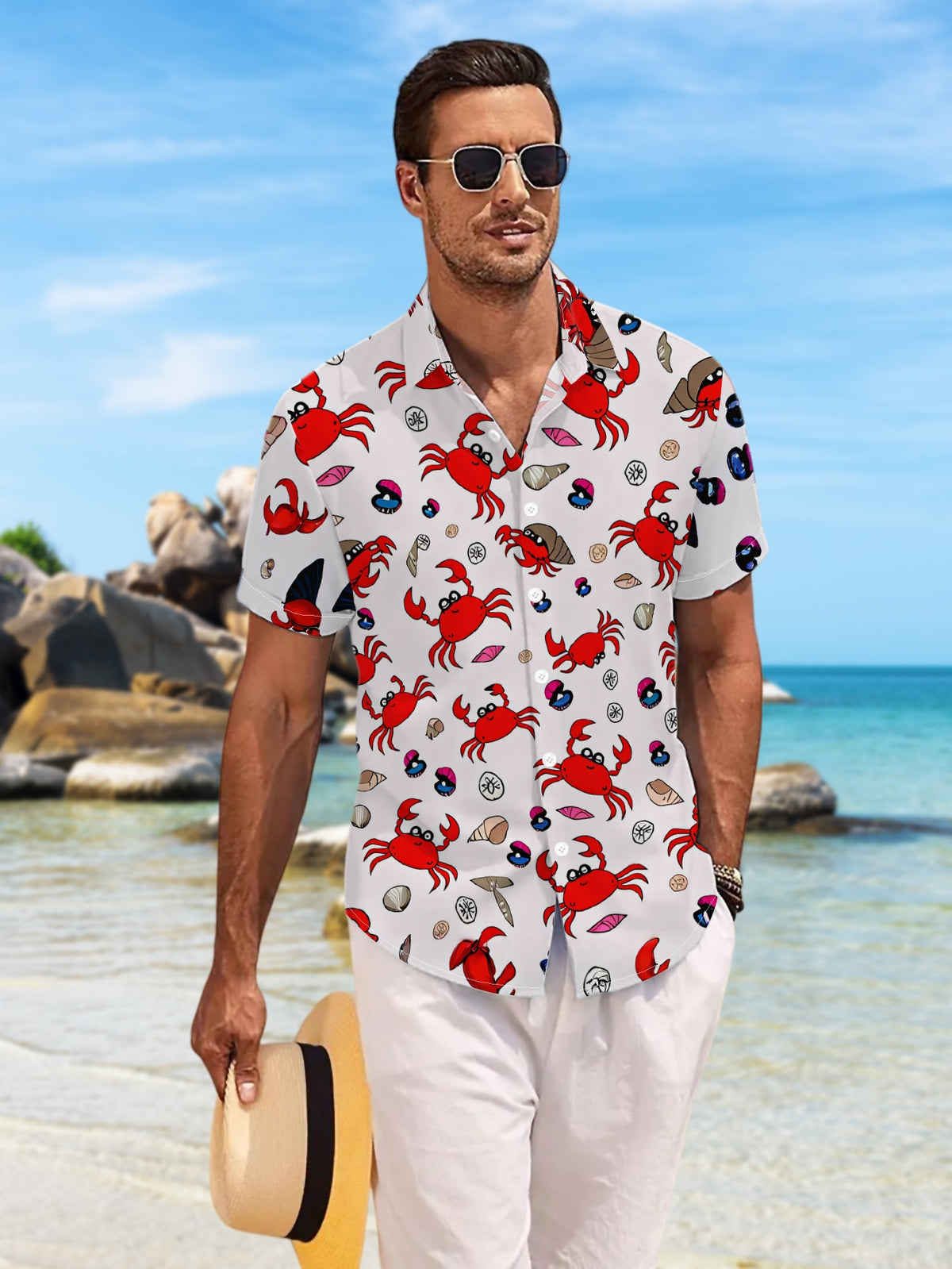 New Men'S Casual Short Sleeve Shirt, Red Crab Mixed Shells Full White Background Design, Festive Gathering Commute All-Match, Polyester Fabric Machine Washable, Button-Up Print Shirt
