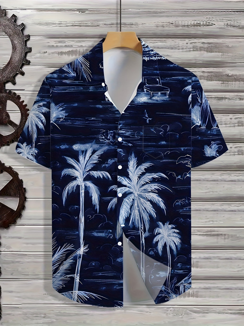 Plus Size Men's Casual Short Sleeve Shirt with Coconut Tree Print, Button- Collared Hawaiian Shirt, Fashionable Casual Top for Summer Beach Wear, Large Size Men's Clothing, Lightweight Breathable Fabric, Lapel Open-Front Men's Casual Shirt
