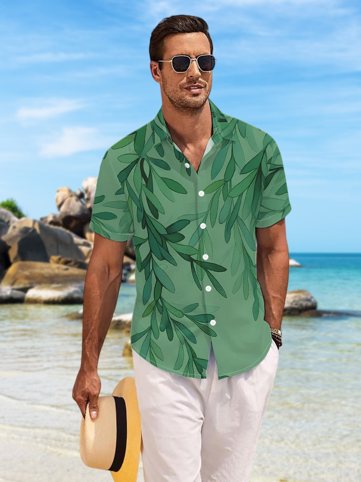 New Men'S Casual Short-Sleeve Shirt with a Teal Background Adorned with Cascading Dark Green Leaves, Perfect for Holiday Gatherings And Commuting. Made from Machine-Washable Polyester Fabric, Featuring a Button-Up Print Design