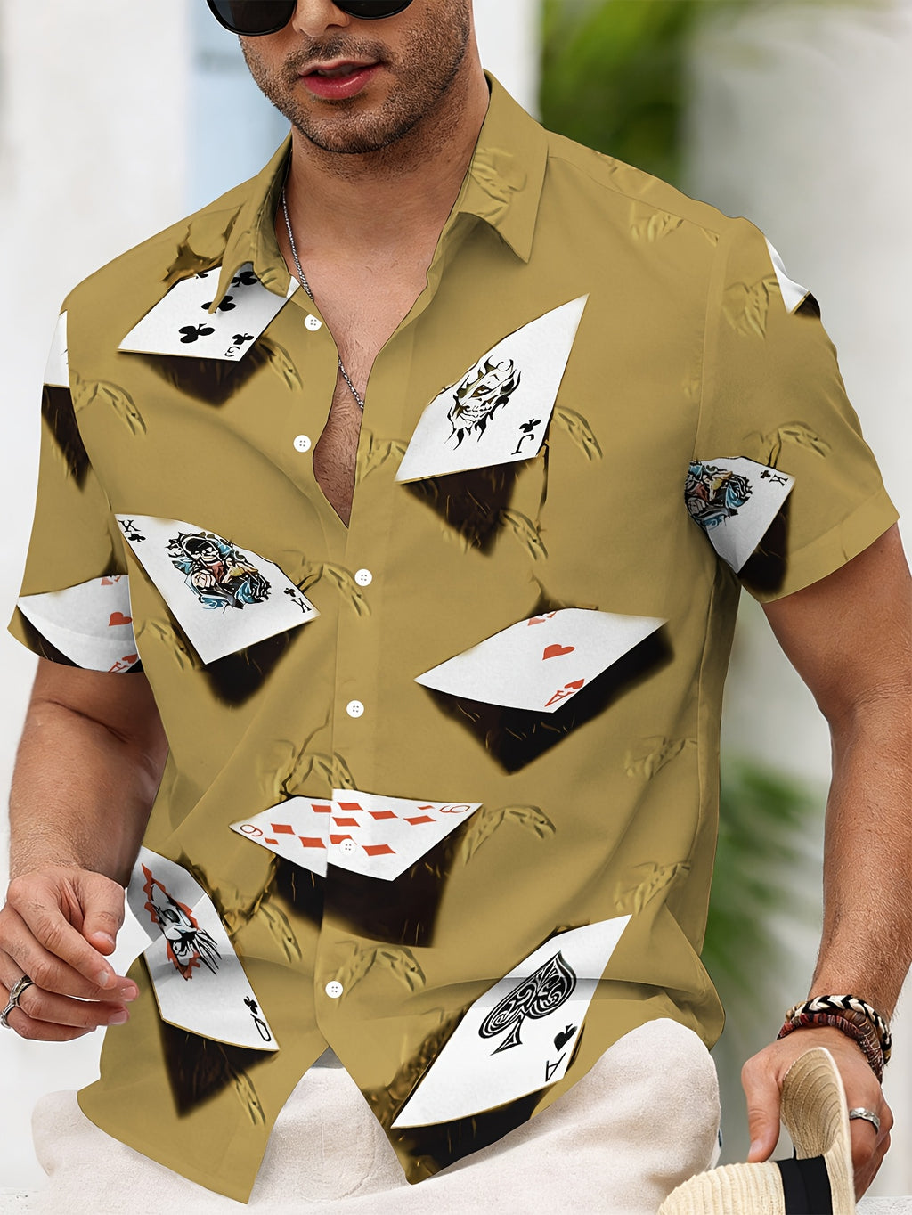 Poker Print Hawaiian Shirt for Men, Short Sleeve Beach Casual Shirt, Fashionable Trendy Top