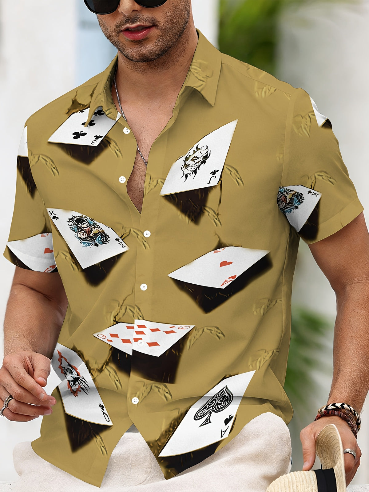 Poker Print Hawaiian Shirt for Men, Short Sleeve Beach Casual Shirt, Fashionable Trendy Top