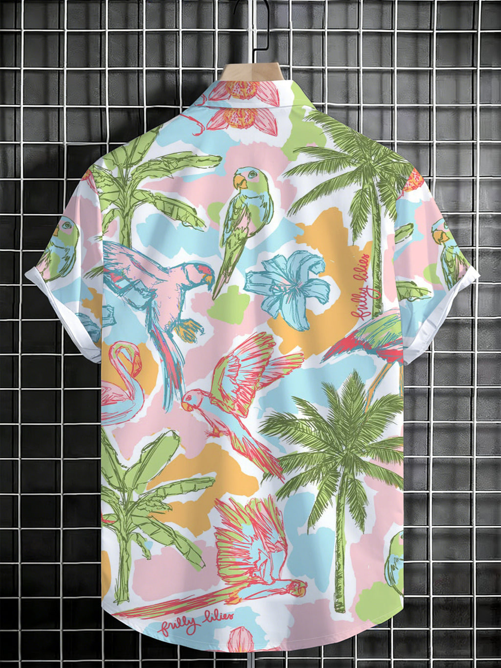 Men's Summer Cool Printed Button- Shirt with Tropical Hand-Painted Patterns, Featuring Dancing Parrots, Flamingos, and Palm Flowers. Suitable for Summer Casual Wear and Beach Vacations