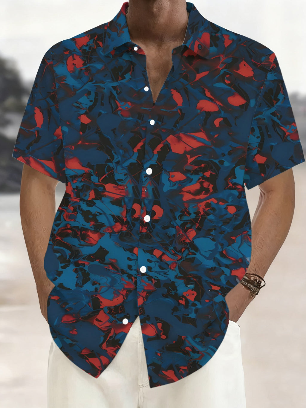 Men'S Casual Shirt with Tropical Blue And Red Prints from Hawaii - Short-Sleeved with Button Design, Perfect for Summer Outdoor And Leisure Wear