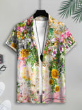 Men's Casual Floral Print Shirt with Vibrant Summer Flowers and Sunflowers Design