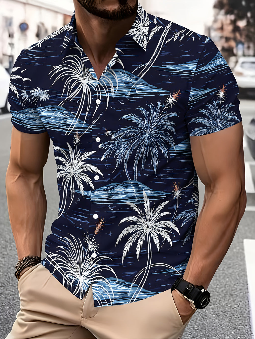 Tropical Paradise Men'S Casual Shirt, Printed Palm Trees And Ocean Waves Summer Vibrant Design