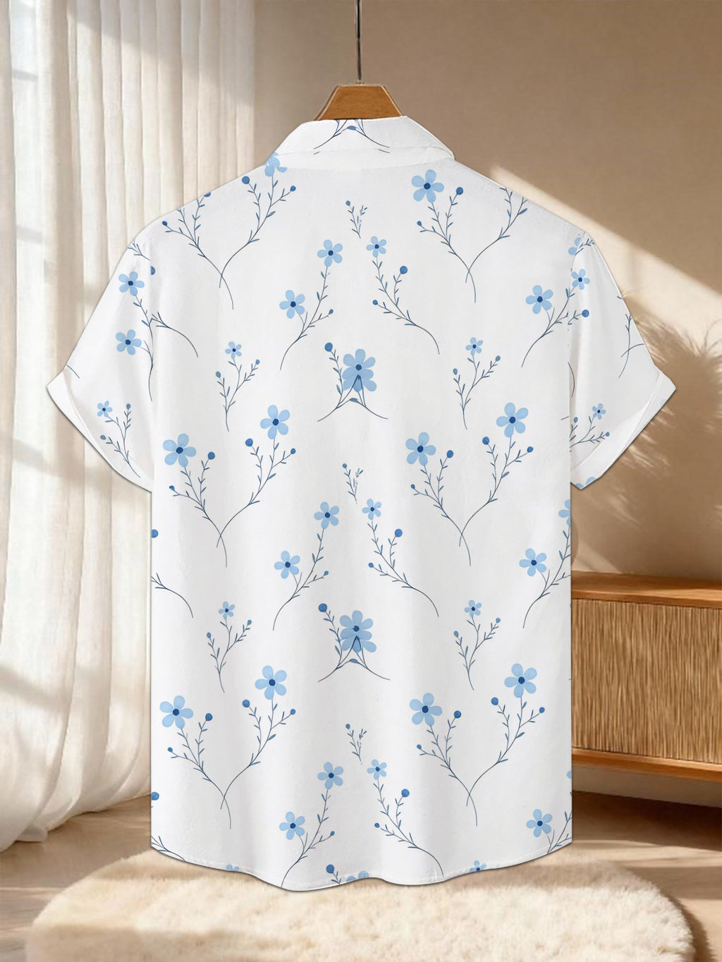 New Men'S Casual Short Sleeve Shirt, Light Blue Small Floral Vine Pattern on White Background, Festive Gathering Commute All-Match, Polyester Fabric Machine Washable, Lightweight Summer, Suitable for Casual Wear Outdoor Activities And Daily Dressing