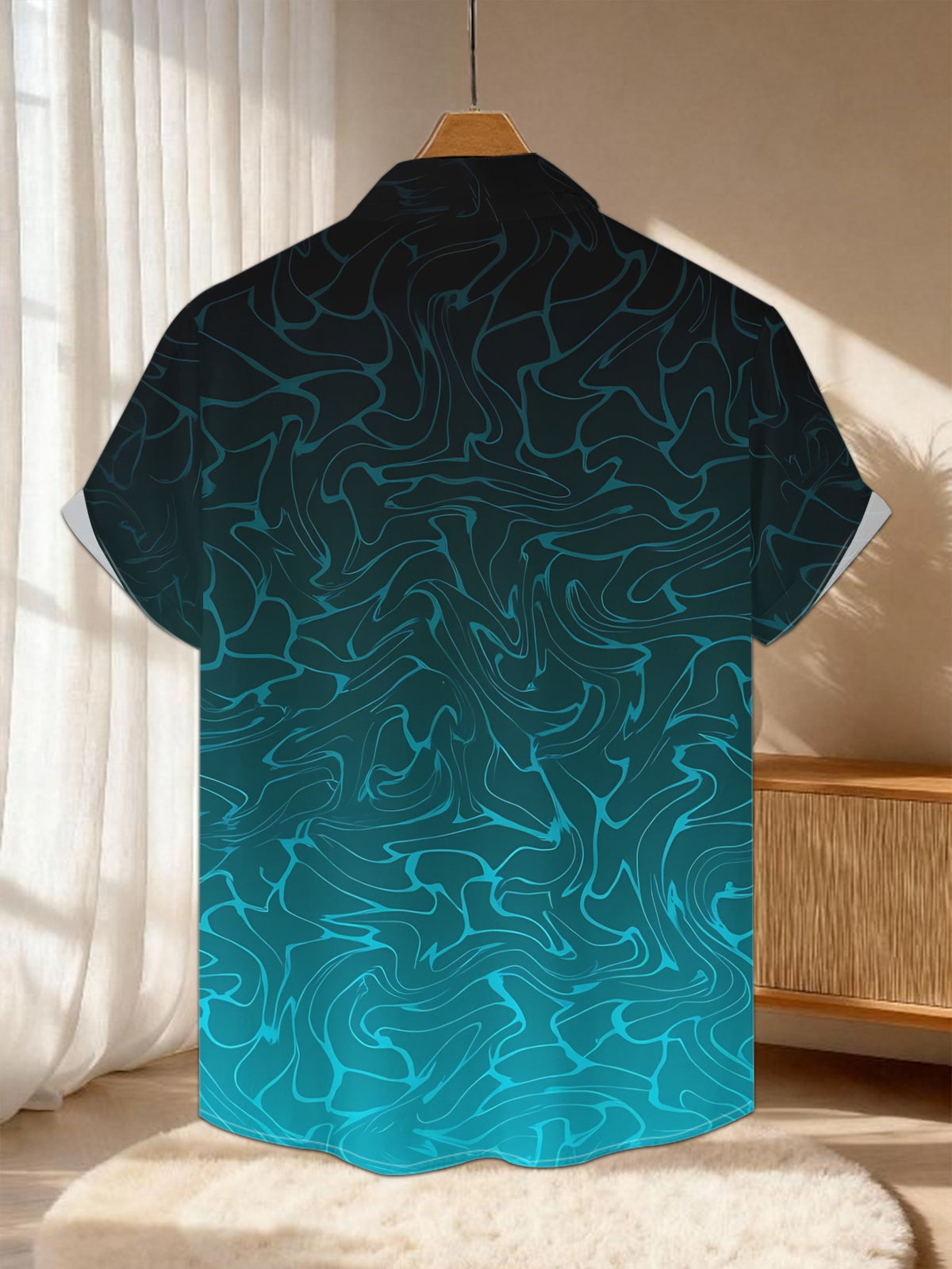 New Men'S Casual Short-Sleeve Shirt in Dark Blue with a Gradient Pattern, Featuring Layered Textures That Create a Deep Effect. Perfect for Holiday Gatherings And Commuting, Made from Machine-Washable Polyester Fabric with a Button Print