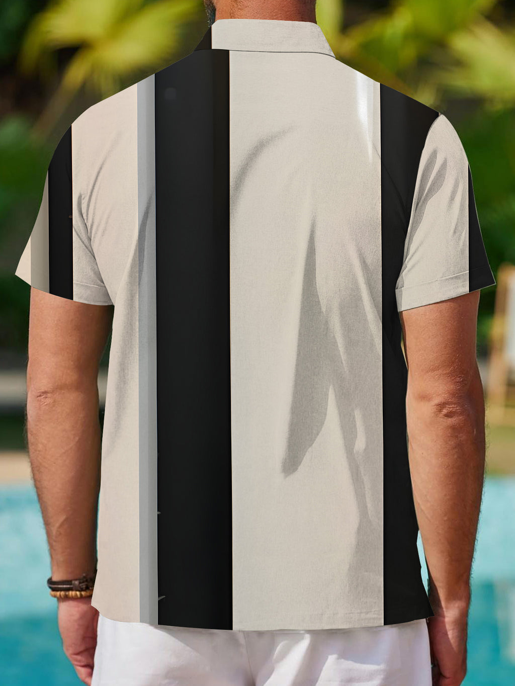 Men's Casual Short-Sleeve Printed Shirt in Black, White, and Beige, Simple Style with Striped Pattern, Fashionable Loose-Fit Casual Short-Sleeve T-Shirt for the Beach, Versatile Top, Printed Short-Sleeve Shirt for Men, Men's Short-Sleeve Apparel