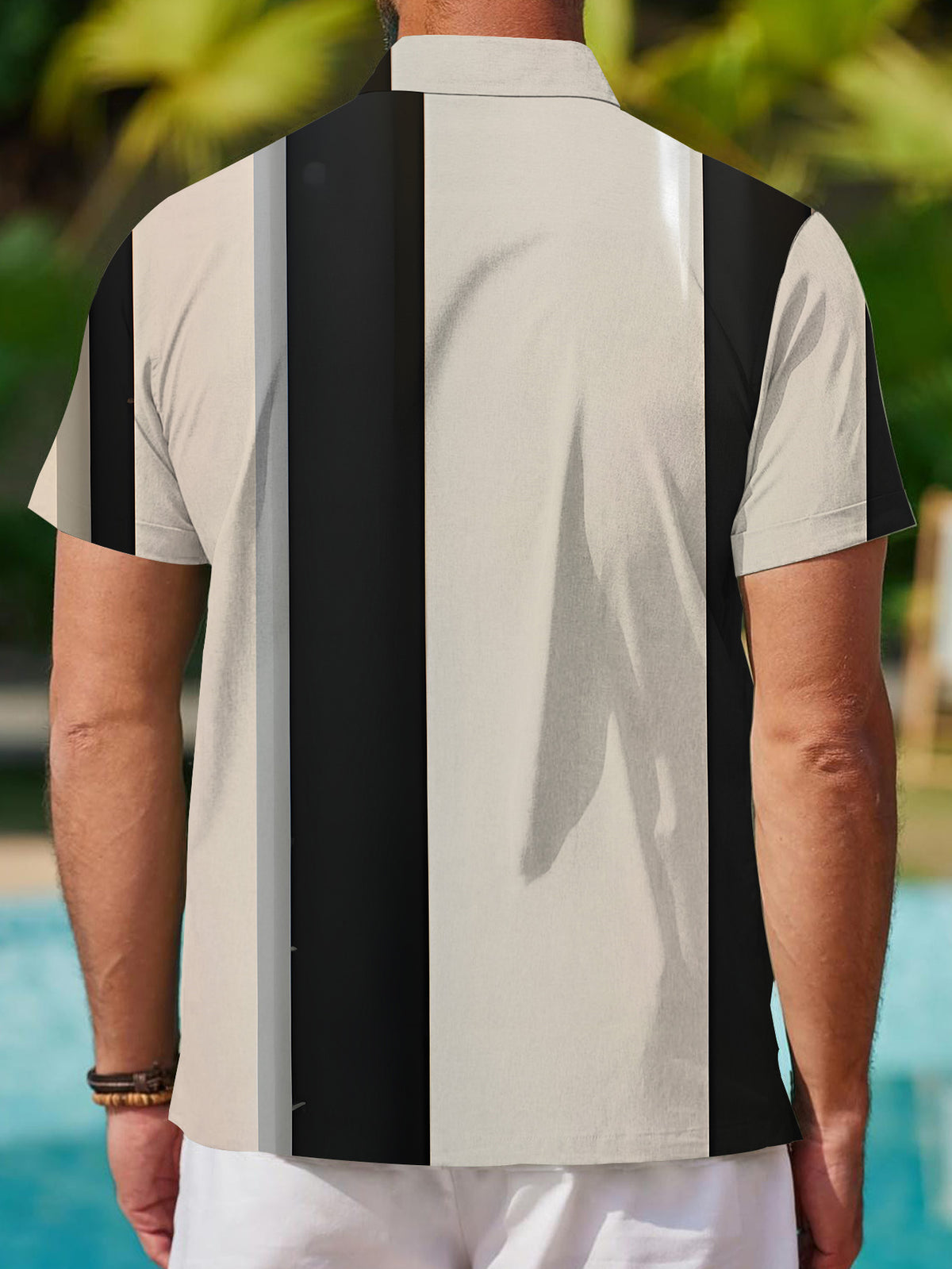 Men's Casual Short-Sleeve Printed Shirt in Black, White, and Beige, Simple Style with Striped Pattern, Fashionable Loose-Fit Casual Short-Sleeve T-Shirt for the Beach, Versatile Top, Printed Short-Sleeve Shirt for Men, Men's Short-Sleeve Apparel