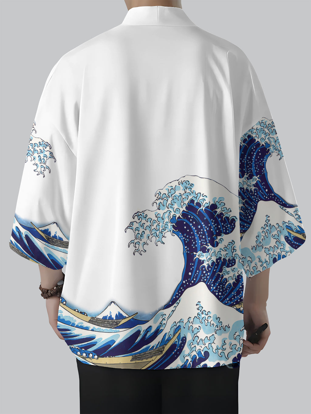 Casual Men'S Kimono Cardigan, Printed White Dragon And Koi Fish Wave Pattern, Summer Dynamic Ocean Waves And Mountain Scene