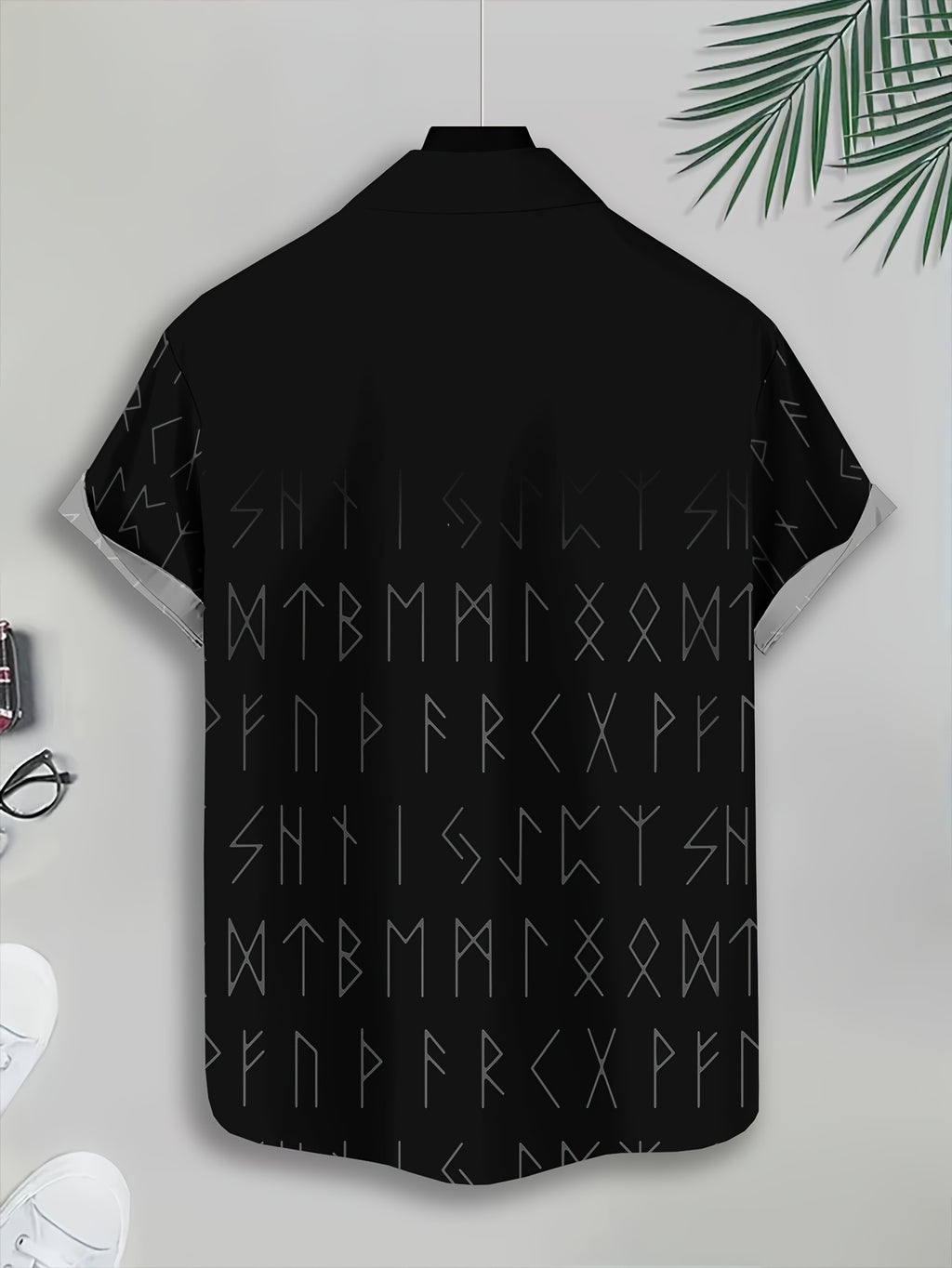 Viking Style Men'S Casual Shirt, Printed Black Raven And Runes Pattern Summer Nordic Symbol Design