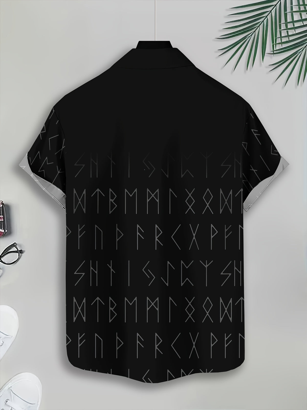 Viking Style Men'S Casual Shirt, Printed Black Raven And Runes Pattern Summer Nordic Symbol Design