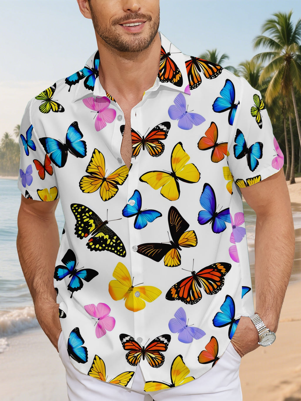 Men's Fashion Casual Short-Sleeve Shirt, New Summer Style with Colorful Butterfly Print, Trendy and Versatile for Daily Commuting