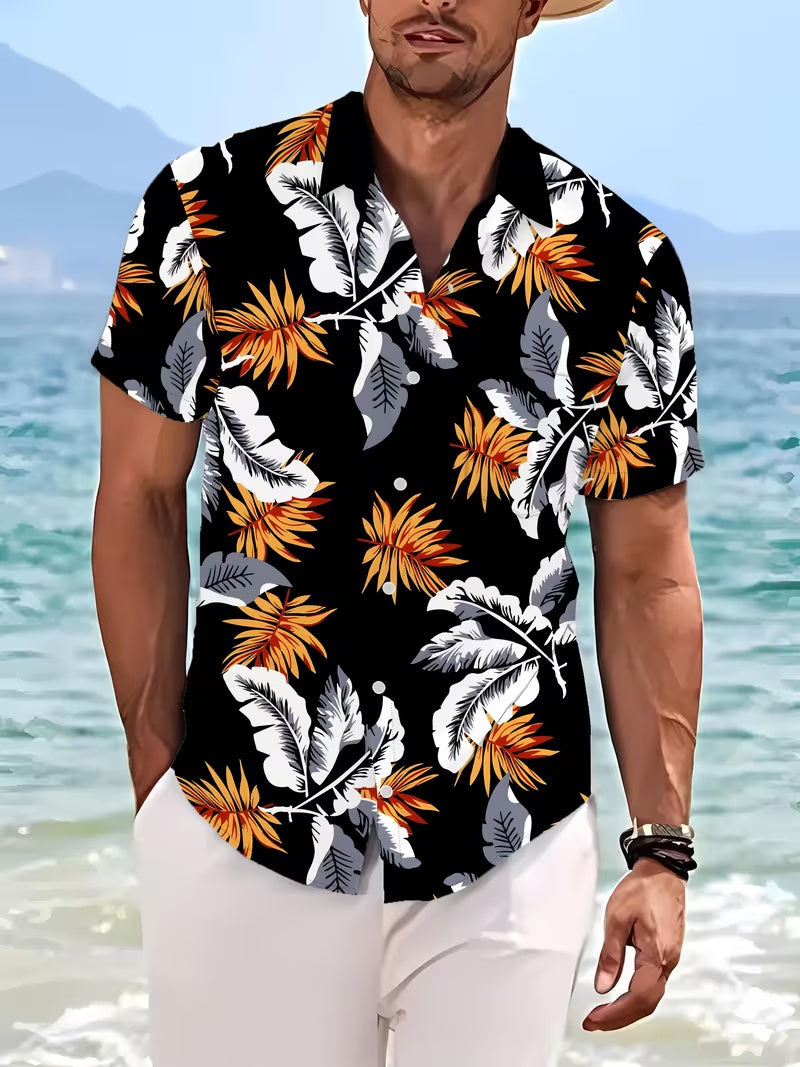 Hawaiian Leaf Pattern Men's Casual Shirt - Short Sleeve Button- Design, for Summer Outdoor and Casual Wear, Daily Outfits
