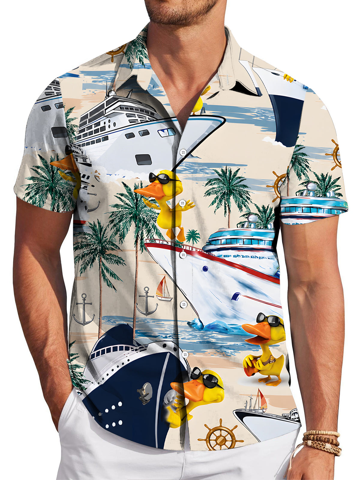 [Print Design – Not Texture] Men's Casual Shirt with Digital Print, Standard Size Short Sleeve Shirt, Cartoon Duck Cruise Scenery, Stylish and Chic Dopamine Party Top, Clothing/Print/Fashion/Men/Summer/Street/Trend