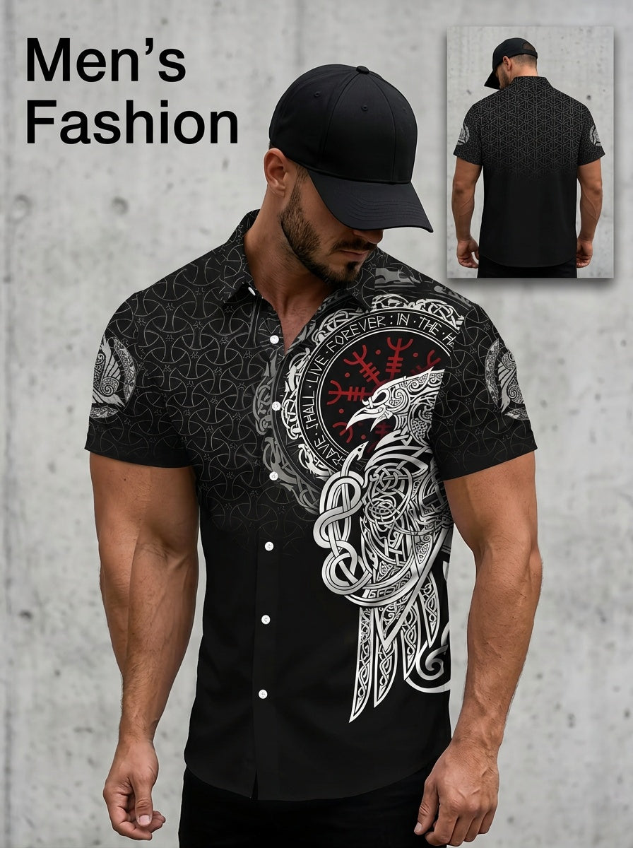 Viking Style Men'S Casual Shirt, Print Black Norse Mythology And Rune Design Summer Detailed Raven And Knotwork Pattern