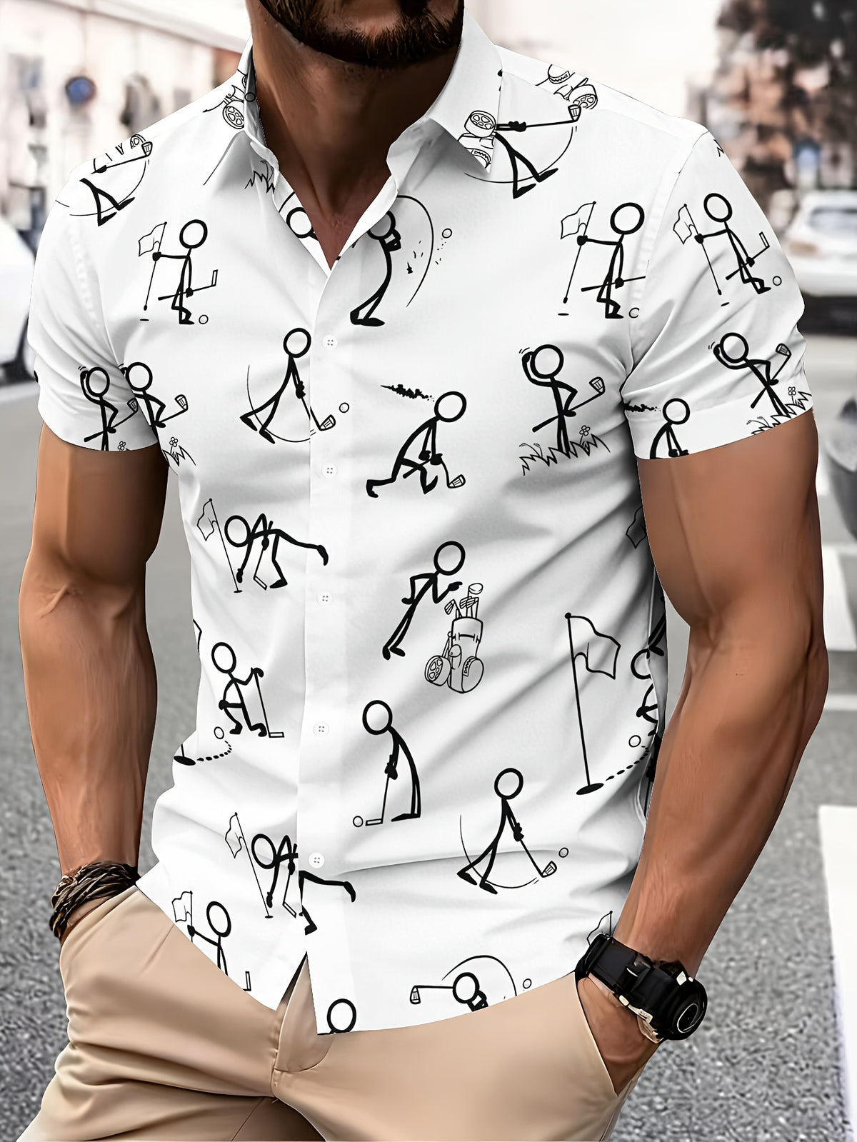 Casual Style Men's Casual Shirt Print Stick Figure Golfing Pattern Summer Playful Cartoon Design