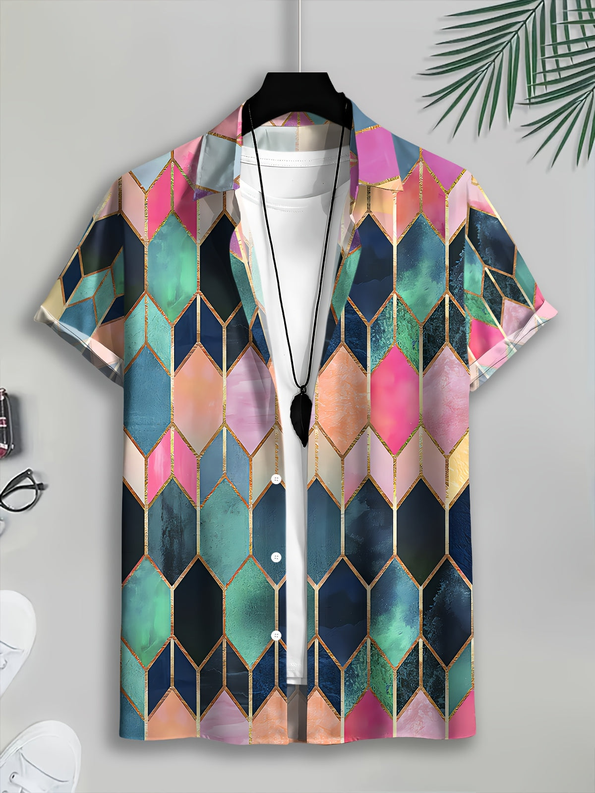 Geometric Pattern Men's Casual Shirt Print Multicolor Diamond Design Summer Vibrant Colors And Golden Accents