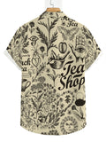 Men's All-over Printed Vintage Herbal Tea Sketch Hand-drawn Hawaiian Shirt, Beige Casual Short-sleeve Collared Shirt, Summer Seaside Daily Commute Aloha Shirt, the First Choice for Birthday and Holiday Gifts for Tea and Coffee Lovers, Teenagers, And