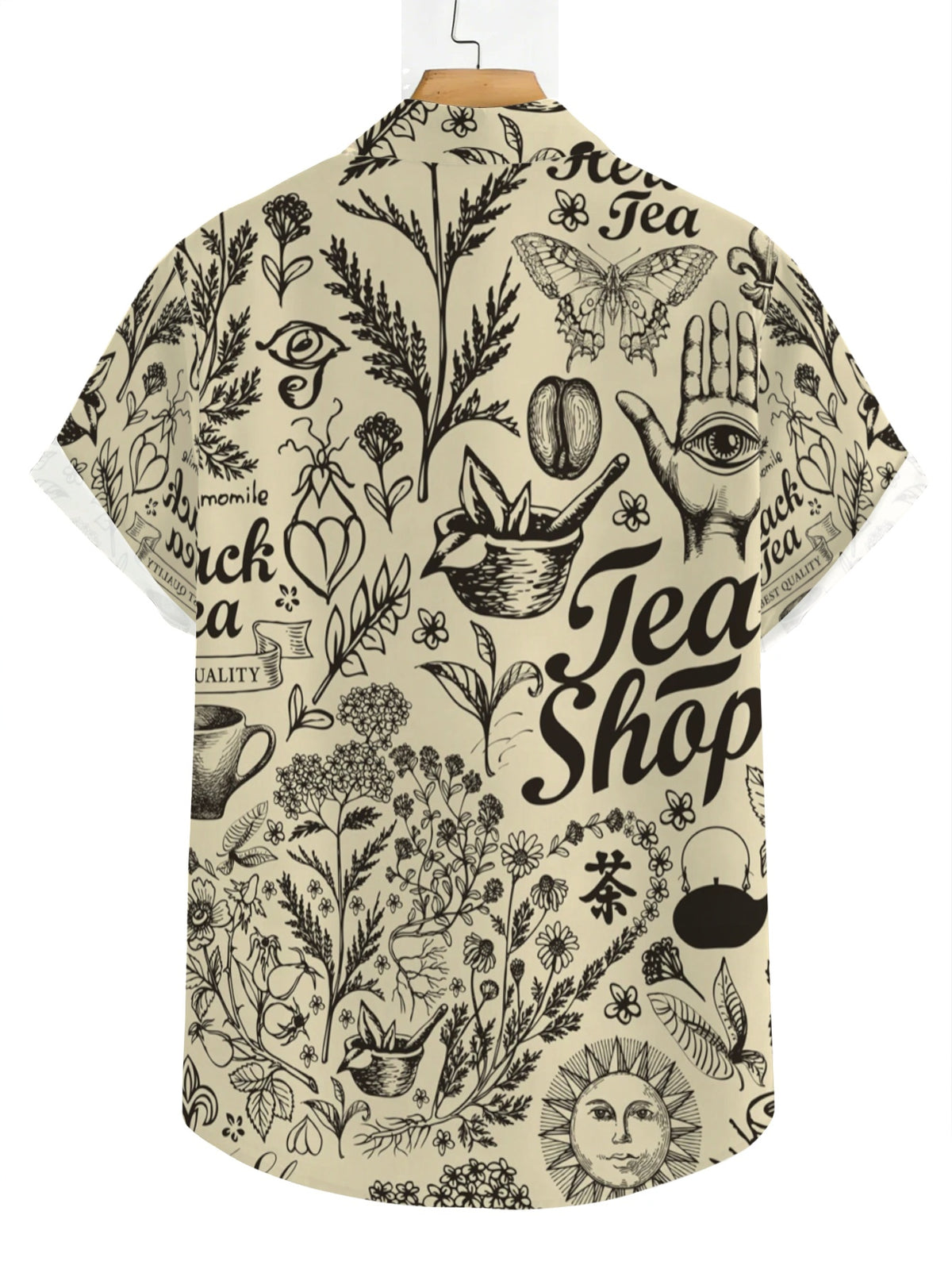 Men's All-over Printed Vintage Herbal Tea Sketch Hand-drawn Hawaiian Shirt, Beige Casual Short-sleeve Collared Shirt, Summer Seaside Daily Commute Aloha Shirt, the First Choice for Birthday and Holiday Gifts for Tea and Coffee Lovers, Teenagers, And