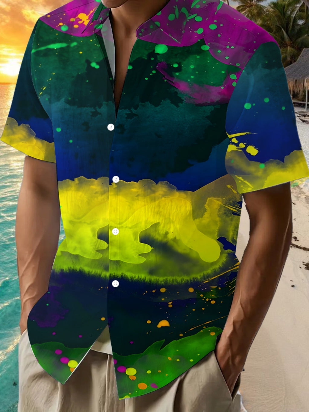 Hawaiian Colorful Pattern Print Men's Casual Shirt - Short Sleeve Button Design, Vibrant Colors, Summer Outdoor and Casual Wear, Machine Washable