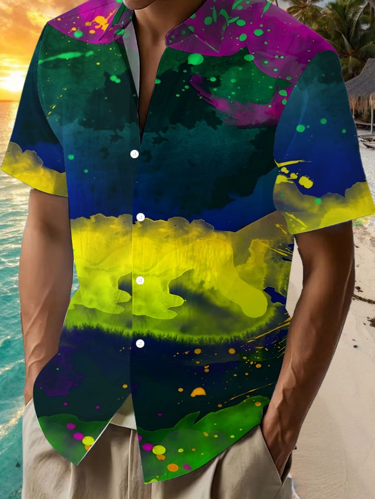 Hawaiian Colorful Pattern Print Men's Casual Shirt - Short Sleeve Button Design, Vibrant Colors, Summer Outdoor and Casual Wear, Machine Washable