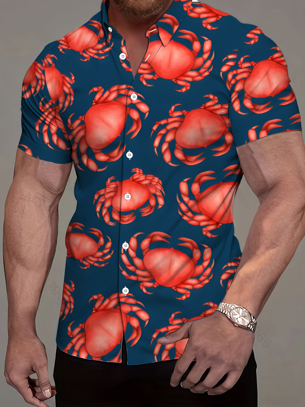 Men's Crab Print Shirt- Dark Blue Button- Formal Casual Shirt with Red Crab Pattern