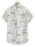 Men'S Easy Letter Print Street Style Hawaiian Shirt, White Base with Light Green Trendy Text Print, Short-Sleeved Collared Shirt for Beach Travel, Vacation, And Everyday Casual Wear