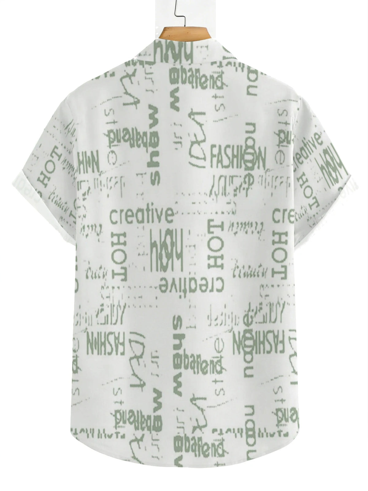 Men'S Easy Letter Print Street Style Hawaiian Shirt, White Base with Light Green Trendy Text Print, Short-Sleeved Collared Shirt for Beach Travel, Vacation, And Everyday Casual Wear