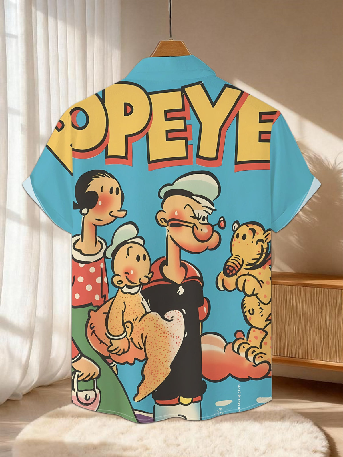 New Men's Casual Short-Sleeve Shirt, Popeye and Friends Group Appearance, Versatile for Holiday Parties and Commuting, Polyester Fabric, Machine Washable, Button-Up Printed Shirt