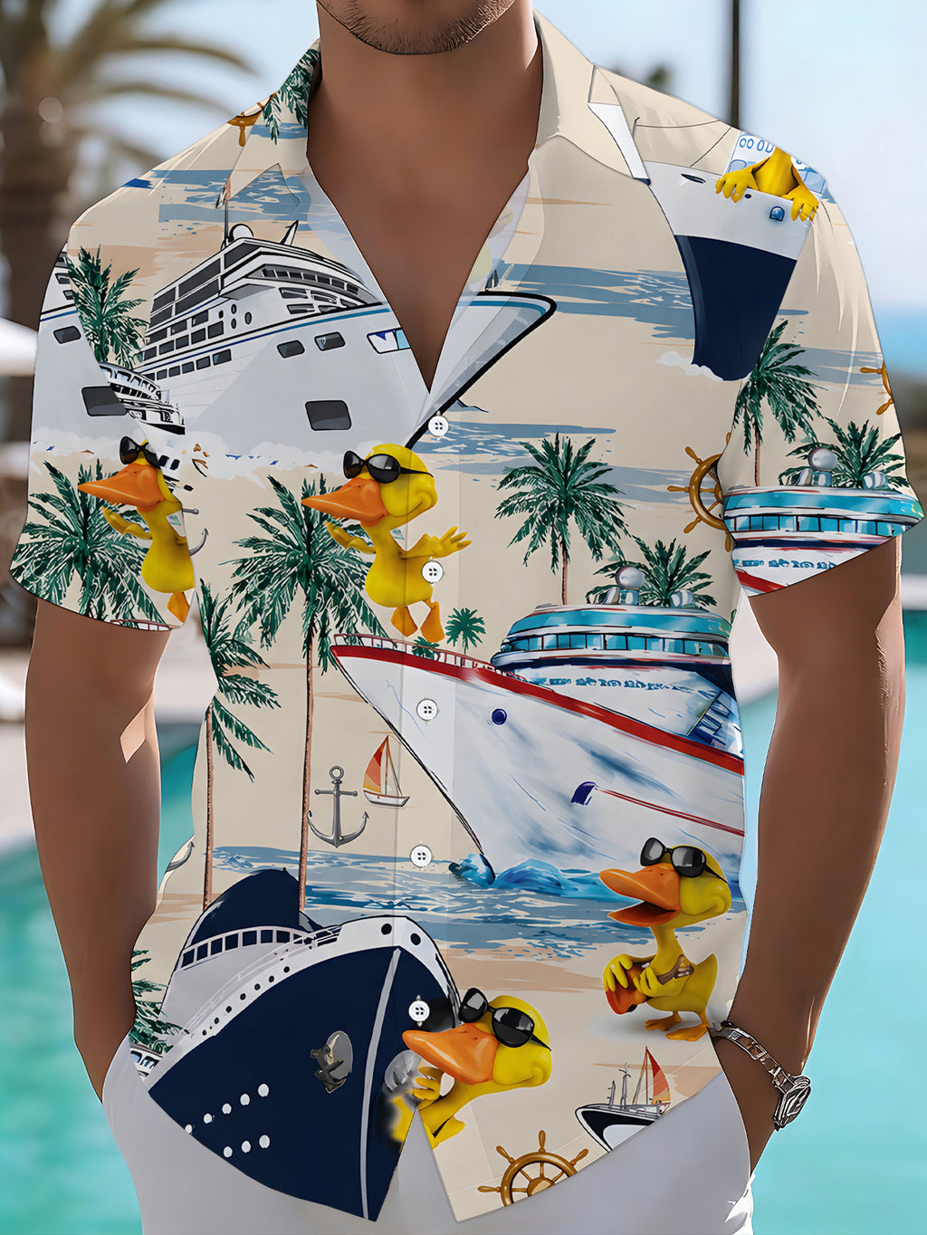 [Print Design – Not Texture] Men's Casual Shirt with Digital Print, Standard Size Short Sleeve Shirt, Cartoon Duck Cruise Scenery, Stylish and Chic Dopamine Party Top, Clothing/Print/Fashion/Men/Summer/Street/Trend