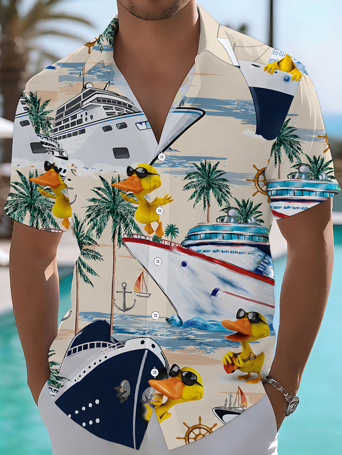[Print Design – Not Texture] Men's Casual Shirt with Digital Print, Standard Size Short Sleeve Shirt, Cartoon Duck Cruise Scenery, Stylish and Chic Dopamine Party Top, Clothing/Print/Fashion/Men/Summer/Street/Trend