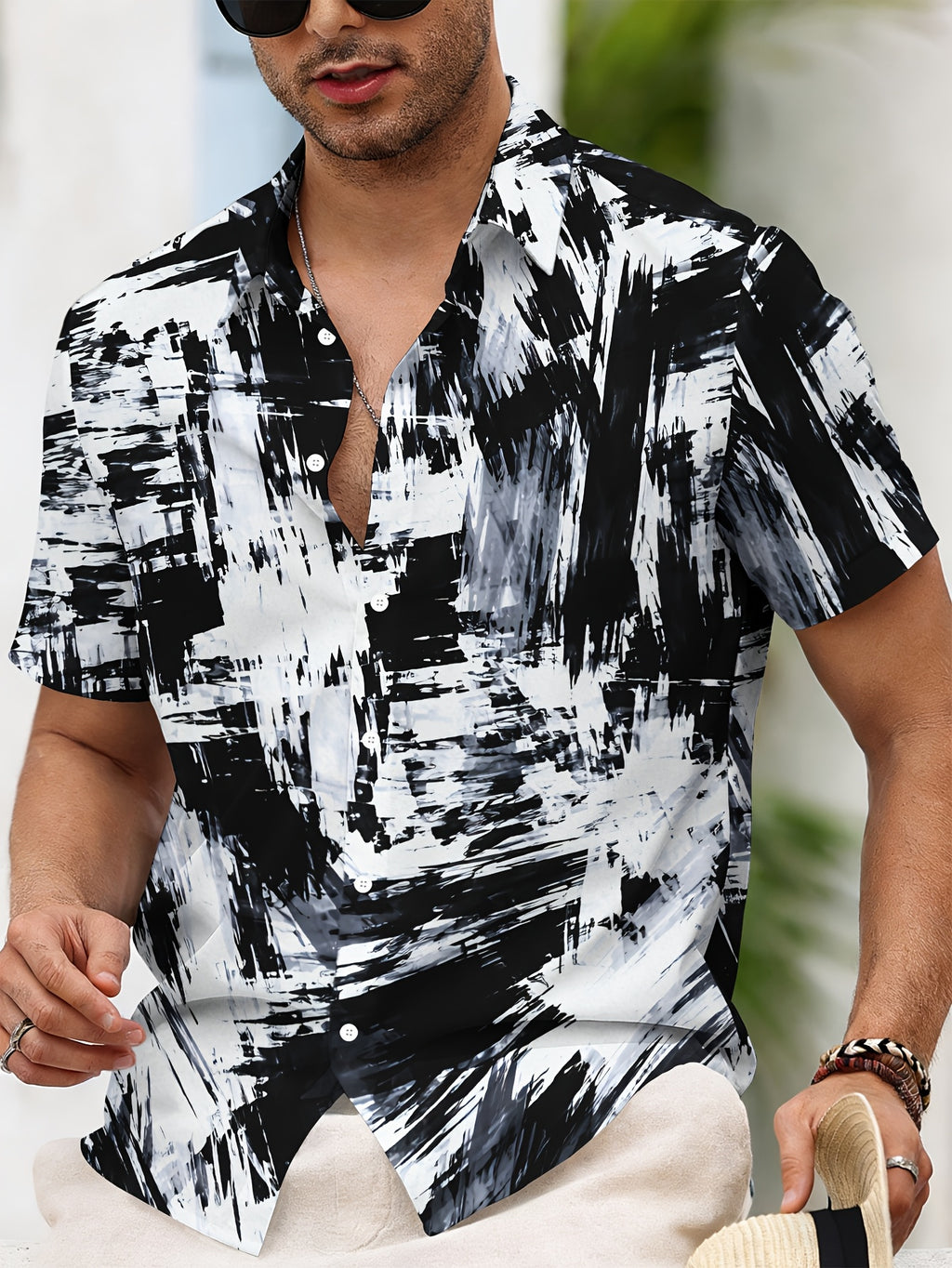 Abstract Art Men's Casual Shirt Print Black And White Brushstroke Pattern Summer Bold Stroke Design