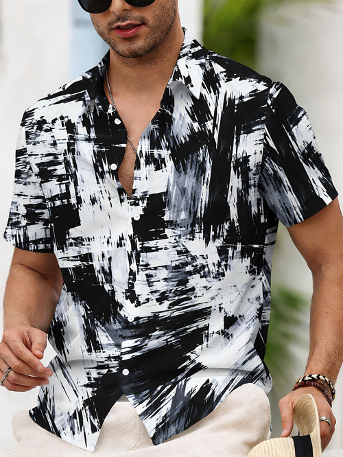 Abstract Art Men's Casual Shirt Print Black And White Brushstroke Pattern Summer Bold Stroke Design