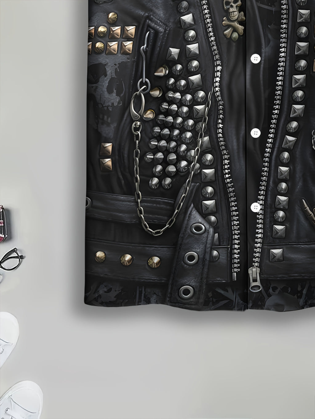 Printed Design-Not Textured 2D Printing Biker Style Men'S Casual Shirt, Print Black Leather Jacket with Skulls And Studs Summer Pattern Highlights