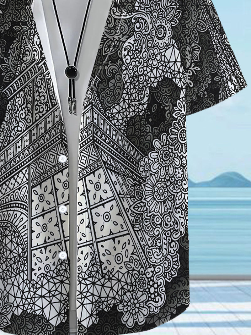 Men's Tropical Paisley Print Short Sleeve Button- Shirt - Loose Fit Collar Summer Beach Shirt with Full-Body Leaf & flower Patterns, Casual Outdoor Wear for Hawaiian Vacations & Everyday Use (Non-Stretch Fabric)